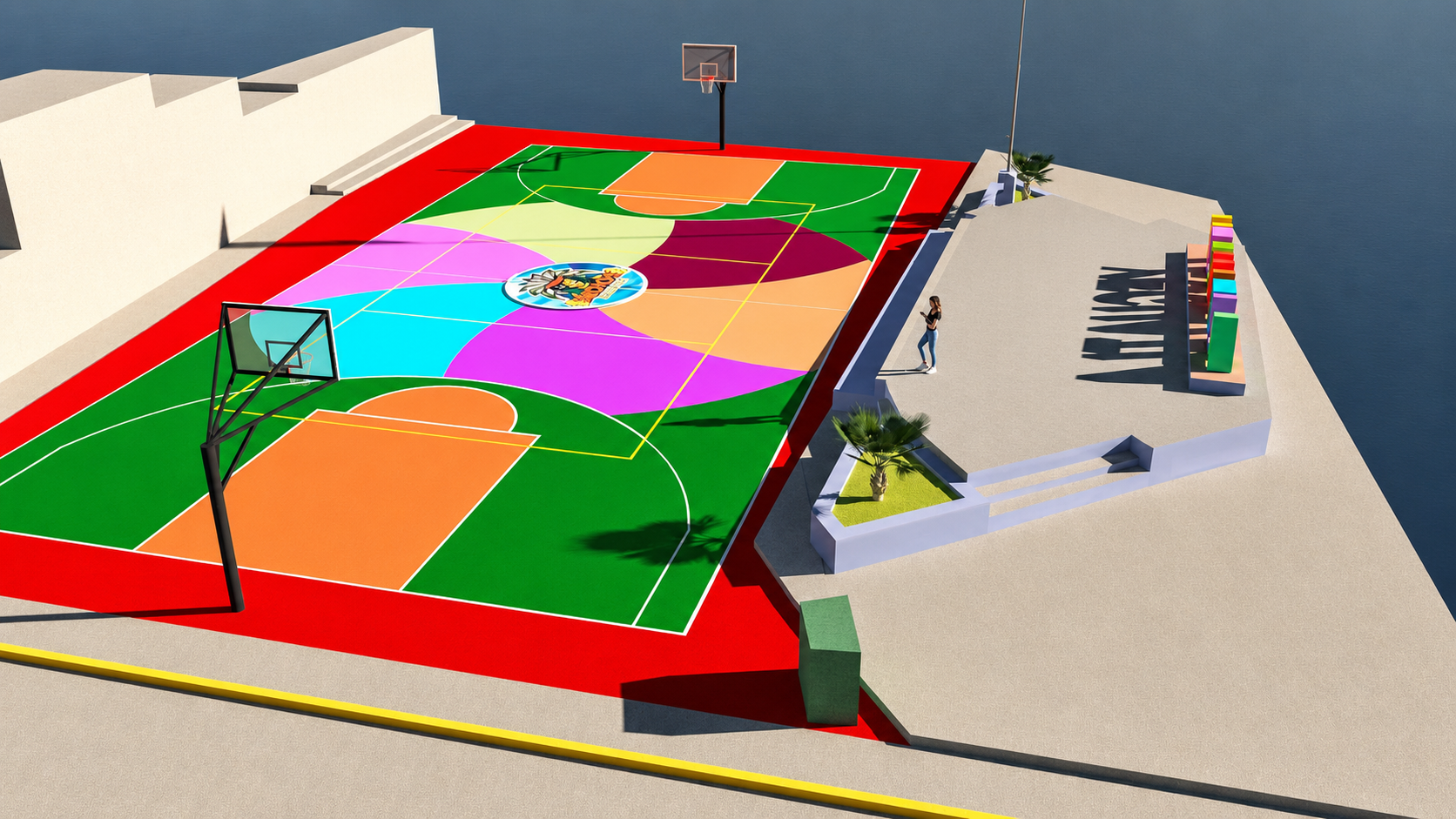 Render de una cancha multideportiva personalizada con formas orgánicas y colores intensos